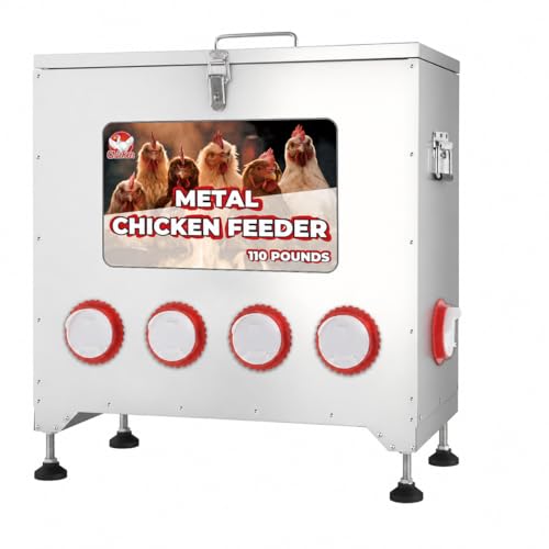 110 LB Large Metal Chicken Feeder No Waste, 10-Port Galvanized Poultry Feeder with Adjustable Height Legs, Locking Lid, Rainproof Rodent-Proof Automatic Chicken Feeder for Chickens, Ducks, Turkeys - size: 110LBS