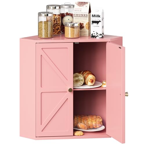 Trironsun Corner Bread Box for Kitchen Counter Double Layer Bamboo Bread Storage Container Large Capacity Bread Storage Bin Farmhouse Breadbox Organizer (Pink) - color: Pink