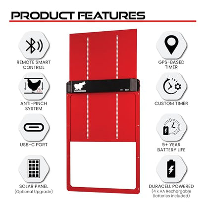 RUN-CHICKEN Door Giant – Large Automatic Poultry Coop Door for Ducks & Turkeys, Not for Chickens, Battery Powered/Solar Compatible, Heavy-Duty Aluminum, Predator Proof, Easy Install (Red)