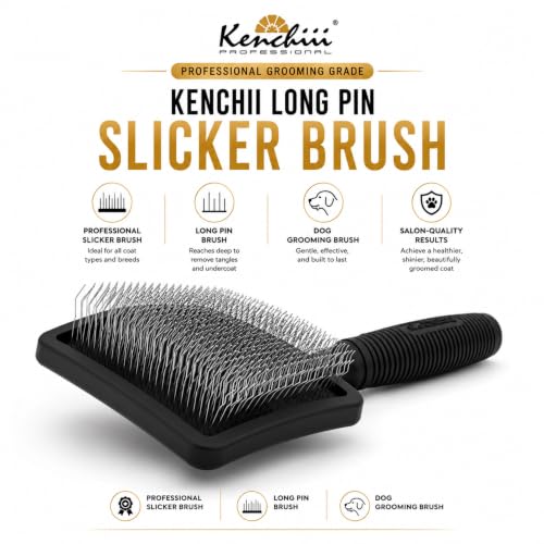 Kenchii Long Pin Slicker Brush for Dogs (Poodles, Doodles, Goldendoodles, Labradoodles), Professional Grooming Brush for Detangling, Fluffing & Dematting, Non-Slip Comfort Handle (Black) - color: Black