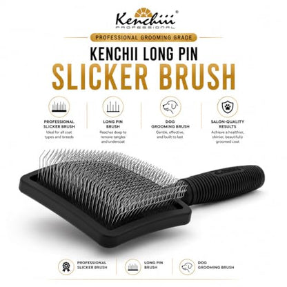 Kenchii Long Pin Slicker Brush for Dogs (Poodles, Doodles, Goldendoodles, Labradoodles), Professional Grooming Brush for Detangling, Fluffing & Dematting, Non-Slip Comfort Handle (Black) - color: Black