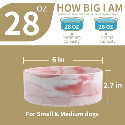 Raised/Elevated Ceramic Dog Bowl for Small Medium Sized Breeds,Dog Food Water Bowl with Stand,6 in Non Slip Heavy Pet Feeding Dish 3.6 Cups/ 850 ml /28 OZ Marble Pink - color: Marble Pink, size: 6 in
