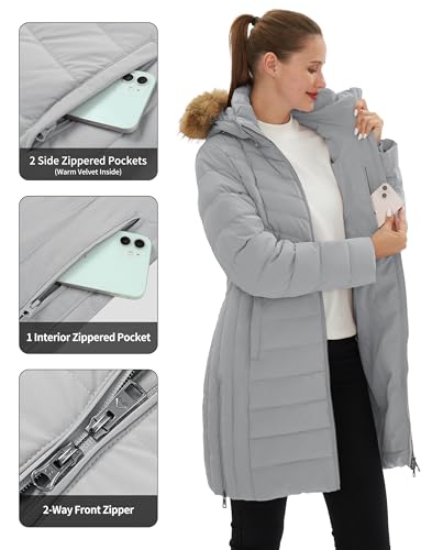 Pioneer Camp Women's Winter Coats Warm Thicken Long Puffer Jacket Waterproof Quilted Parka with Removable Faux Fur Hood - color: Light Grey, size: Small