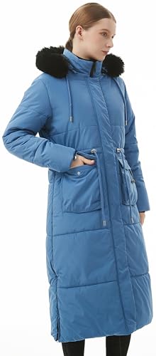 MOERDENG Women's Long Winter Puffer Coat Waterproof Warm Maxi Down Jacket Faux Fur Removable Hood Parka - color: Denim Blue, size: Small