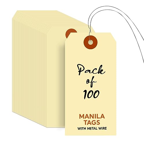SmartSign Blank Manila Tags with Wire (Pre-Attached)- Pack of 100, Size-5, 13pt Thick Cardstock Shipping Tag, 4 3/4" x 2 3/8" Paper Hang Tags with Reinforced Fiber Patch - size: 4 3/4" x 2 3/8", style: Metal Wires - 100 Tags