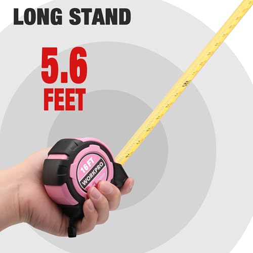 WORKPRO 16FT Pink Tape Measure, 1/8 Fractions Easy Read Measuring Tape, Retractable Nylon Coating Measurement Tape Accuracy 1/32, Magnetic Hook, Belt Clip, Rubber Protective Casing - color: Pink, size: 4.9 m