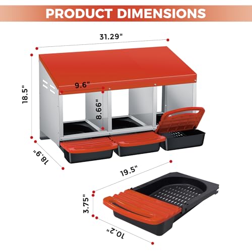 Roll Away Chicken Nesting Box - 3-Compartment Galvanized Steel Laying Nest, Pull-Out Trays, Ventilated Waterproof Roof, Wall or Floor Mount - Orange - Three Grids