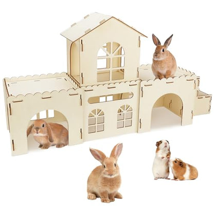 BWOGUE Extra Large Wooden Rabbit Hideout Castle, Detachable Bunny Castle for Rabbits Chinchillas Guinea Pigs, Sturdy Bunny Play House Indoor with Stairs, Small Animal Play Hideaway Hutch - style: 4 House and 1 Ladder