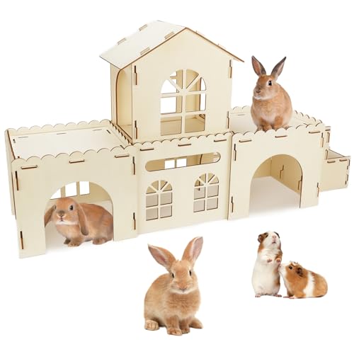 BWOGUE Extra Large Wooden Rabbit Hideout Castle, Detachable Bunny Castle for Rabbits Chinchillas Guinea Pigs, Sturdy Bunny Play House Indoor with Stairs, Small Animal Play Hideaway Hutch - style: 4 House and 1 Ladder