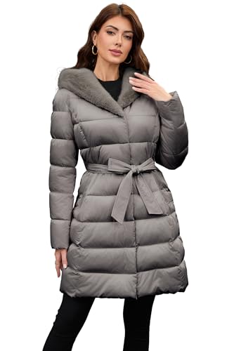 PAPILLON D'OR WEAR YOUR WINGS Women's Long Puffer Coat with Belt, Hood & Furry Lining - Knee-Length Winter Jacket - color: Mink-gray, size: Medium