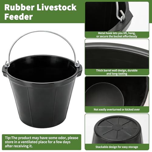 2 Pack Heavy Rubber Horse Feed Bucket,10 Quart Large Utility Feed Pan with Handle , 11.4 X 8.6 inch Horse Trough Heavy Duty Feeder Trough for Livestock Goats Animals Durable Pan Bowl Black