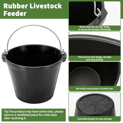 2 Pack Heavy Rubber Horse Feed Bucket,10 Quart Large Utility Feed Pan with Handle , 11.4 X 8.6 inch Horse Trough Heavy Duty Feeder Trough for Livestock Goats Animals Durable Pan Bowl Black