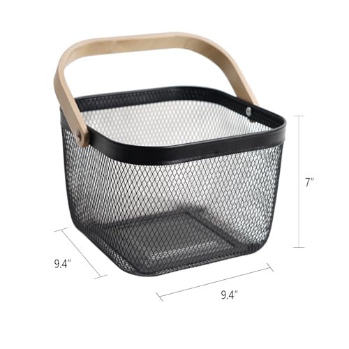 Metal Mesh Steel Harvest Basket, Square Wire Garden Basket with Handle – Multi-Functional Storage Organizer for Gathering Vegetables, Fruits, Kitchen, Garden, Picnic & Cabinet (Black) - color: Black-Square