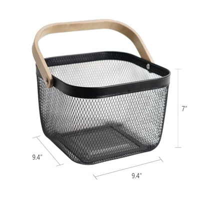 Metal Mesh Steel Harvest Basket, Square Wire Garden Basket with Handle – Multi-Functional Storage Organizer for Gathering Vegetables, Fruits, Kitchen, Garden, Picnic & Cabinet (Black) - color: Black-Square