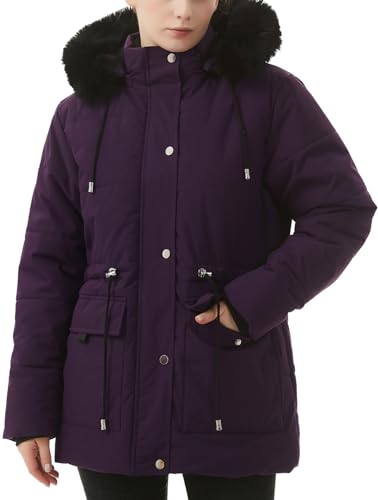 MOERDENG Women's Warm Winter Puffer Coat Thicken Fleece Lined Down Jacket Faux Fur Detachable Hood Snow Parka - color: Purple, size: Small