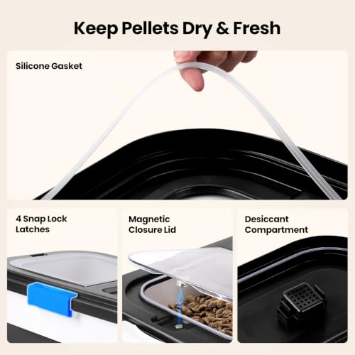 Wood Pellet Storage Container 20-25lbs, Airtight Bin with Locking Lid & Clear Window, Collapsible Pellet Bucket with Wheels, Scoop & Labels, Black & White - color: Black-M