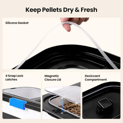 Wood Pellet Storage Container 20-25lbs, Airtight Bin with Locking Lid & Clear Window, Collapsible Pellet Bucket with Wheels, Scoop & Labels, Black & White - color: Black-M
