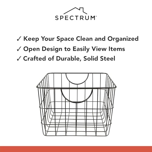 Spectrum Large Wire Basket with Handle Black Metal Utility Storage Bin for Organizing Kitchen Pantry Cabinets Closet and Garage Shelves, Steel Metal Basket Storage Organizer Bin with Handle