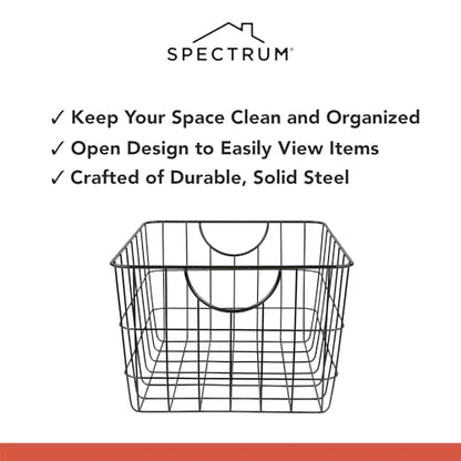 Spectrum Large Wire Basket with Handle Black Metal Utility Storage Bin for Organizing Kitchen Pantry Cabinets Closet and Garage Shelves, Steel Metal Basket Storage Organizer Bin with Handle