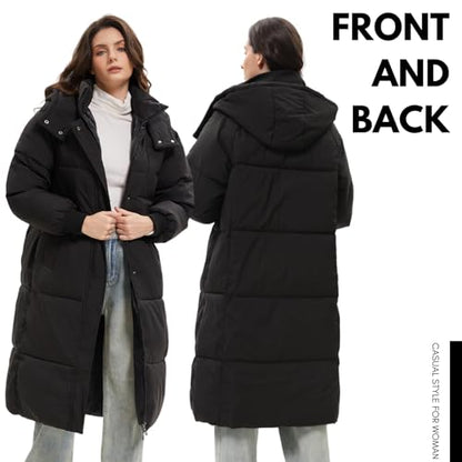 PUFFIT Long Puffer Jacket for Women,2024 Thickened Winter Coat Hooded with Deep Pockets, Ladies Warm Winter Jacket - color: Black, size: XX-Large