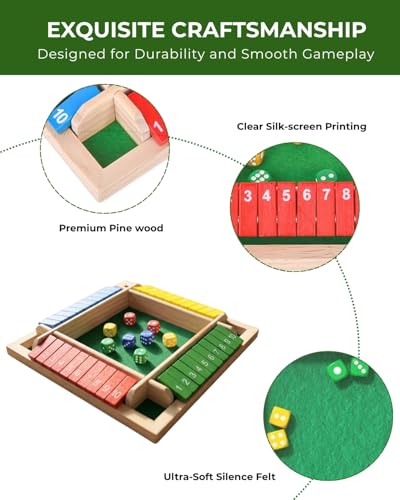 Pedolini Shut the Box Game Wooden - Travel Size 4 Way Close The Box Dice Game with Instructions - Math Learning Board Games for Kids Adults - Family Games Night Classroom Home Party Gift Ideas
