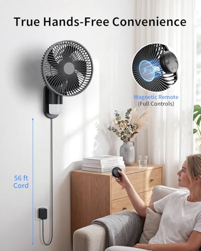 10 Inch Wall Mount Fan with Light and Remote Control – 90° Oscillating RV Fan, 4 Speeds Quiet Motor, 180° Manual Tilt, Timer Setting for Bedroom, Dorm, Home Office, Small Spaces