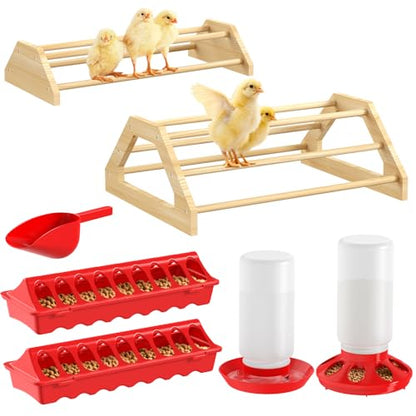 Pawaboo 7-in-1 Chicken Brooder Box for Chick Starter Kit, Includes Chicks Perches, Chicken Feeders, Chick Waterers, Chickens Feeding Spoon, Chicks Supplies (Brooder Set), Red + Wood Color - color: Red + Wood Color