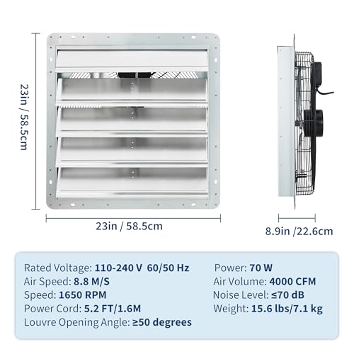 20" Shutter Exhaust Fan with Variable Speed Controller - 4000 CFM Wall Mounted Ventilation Fan, EC Brushless Motor, Heavy-Duty Steel, Low Noise for Garage Attic Greenhouse Workshop