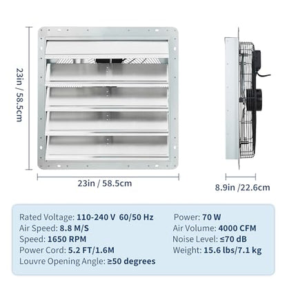 20" Shutter Exhaust Fan with Variable Speed Controller - 4000 CFM Wall Mounted Ventilation Fan, EC Brushless Motor, Heavy-Duty Steel, Low Noise for Garage Attic Greenhouse Workshop