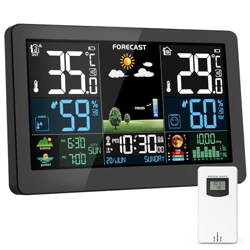 Weather Station Wireless Indoor Outdoor, Thermometer Wireless with Remote Sensor, Home Weather Station, Color Display Digital Weather Forecast, Humidity, Atomic Clock, Air Pressure for Home - color: Black