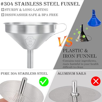 WMKGG 304 Stainless Steel Funnel, 5 Inch Funnels for Kitchen Use Filling Bottles, with 200 Mesh and 100 Mesh Fine Mesh Strainer, for Oils, Juice, Wine, Coffee, Milk, Tea, Powder - size: Funnels+Strainer