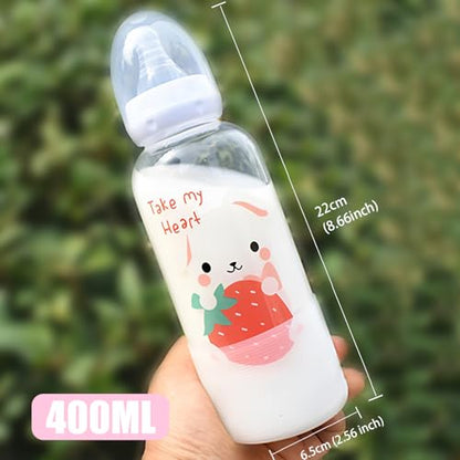 CutiePlusU Adult Glass Feeding Bottle Cute Printed Large Size Baby Bottles Rainbow Rabbit 13.5Oz/400ML - color: Rainbow Rabbit