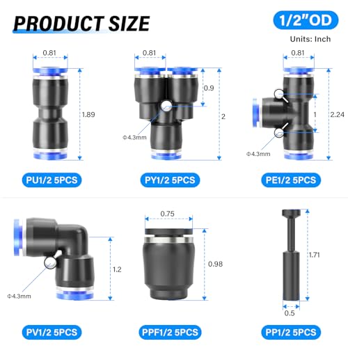 TAILONZ PNEUMATIC 1/2 Inch od Push to Connect Fittings Pneumatic Fittings Kit 5 Spliters+5 Elbows+5 tee+5 Straight+5 PPF+5 PP (30 pcs) - size: 1/2" OD