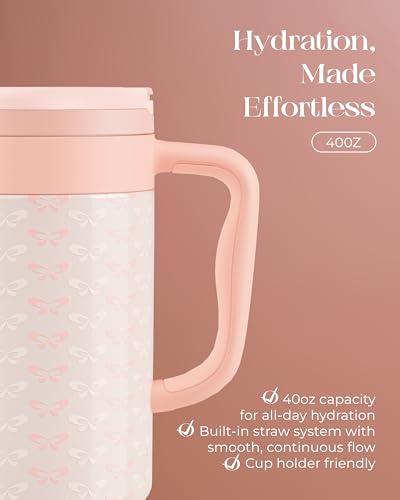 40 oz Insulated Tumbler with Handle and Push-Button Straw Lid, Stainless Steel Travel Cup for Gym Office, Leakproof, BPA-Free, Cup Holder Friendly, Bow Silicone Boot, Cream (Coquette Peachy) - color: Coquette Peachy