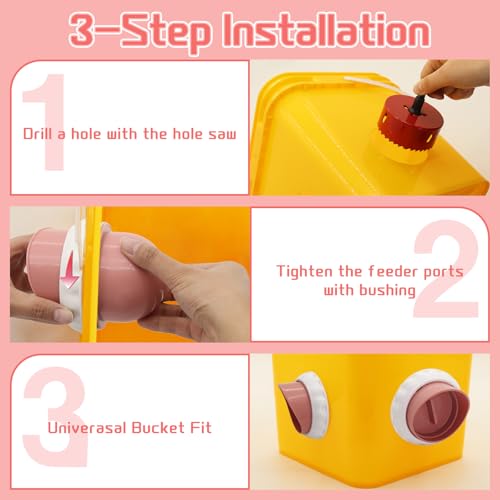 DIY Chicken Feeders 4 Ports Pink No Waste | Automatic Rain Proof, Poultry Feeder Kit, Includes 1 Hole Saw, for Buckets Barrels Bins Troughs - color: Pink