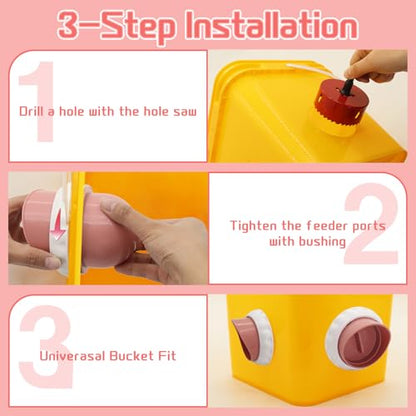 DIY Chicken Feeders 4 Ports Pink No Waste | Automatic Rain Proof, Poultry Feeder Kit, Includes 1 Hole Saw, for Buckets Barrels Bins Troughs - color: Pink