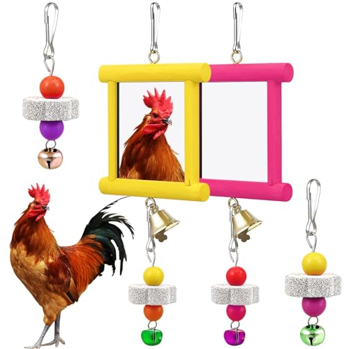 Chicken Coop Toys Set, Colorful 4 Pcs Acrylic Mirror, Wooden Frame with Bells Beads and Beak Grinding Stone, Stimulate Play Pecking for Chickens, Assorted Colors