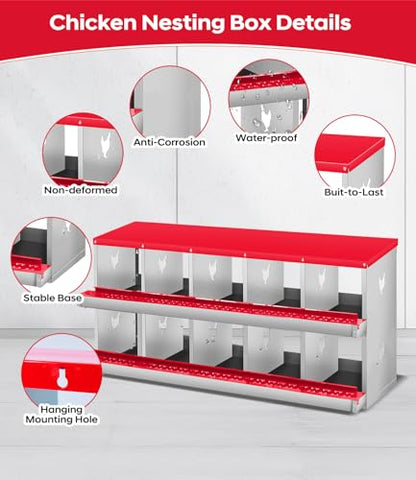 Garvee Chicken Nesting Box, 10 Compartment Metal Nesting Box,Wall Mount Chicken Nesting Boxes for Laying Eggs,Easy Egg Collection,10 Room Nest Boxes for Chickens - size: Red 10 Compartment