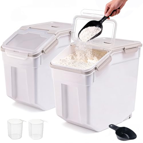 RUIAN 2Pcs Large Flour Storage Container Bin 50Lb Airtight Rice Storage Containers with Wheels Seal Locking Lid, BPA Free with Measuring Cup&Scoop for Flour, Rice, Grain 100LBS Total (Grey) - color: Gray 2Pack 50Lb