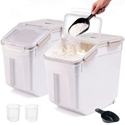 RUIAN 2Pcs Large Flour Storage Container Bin 50Lb Airtight Rice Storage Containers with Wheels Seal Locking Lid, BPA Free with Measuring Cup&Scoop for Flour, Rice, Grain 100LBS Total (Grey) - color: Gray 2Pack 50Lb