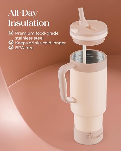 40 oz Insulated Tumbler with Handle and Push-Button Straw Lid, Stainless Steel Travel Cup for Gym Office, Leakproof, BPA-Free, Cup Holder Friendly, Bow Silicone Boot, Beige (Cream Latte) - color: Cream Latte