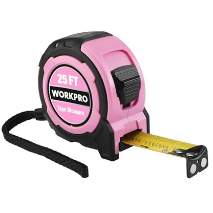 WORKPRO 25FT Pink Tape Measure, 1/8 Fractions Easy Read Measuring Tape, Retractable Nylon Coating Measurement Tape Accuracy 1/32, Magnetic Hook, Belt Clip, Rubber Protective Casing - Pink Ribbon - color: Pink, size: 7.6 m