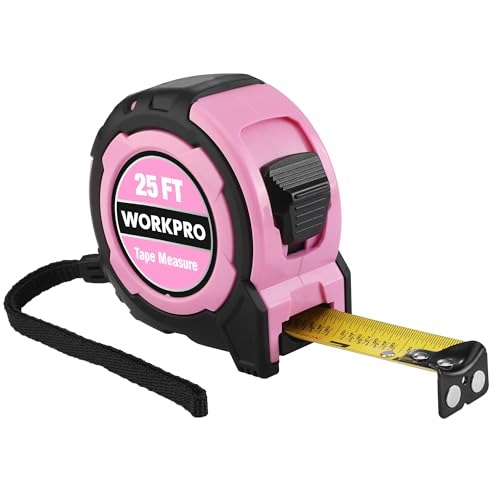 WORKPRO 25FT Pink Tape Measure, 1/8 Fractions Easy Read Measuring Tape, Retractable Nylon Coating Measurement Tape Accuracy 1/32, Magnetic Hook, Belt Clip, Rubber Protective Casing - Pink Ribbon - color: Pink, size: 7.6 m