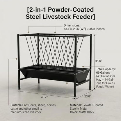 Pasture Hay Feeder 70 Gallon Heavy Duty Steel, 2-in-1 Livestock Feeder with Feed Pan, Black Powder Coated Large-Capacity Livestock Feeder for Sheep, Calf, Cow and Horse