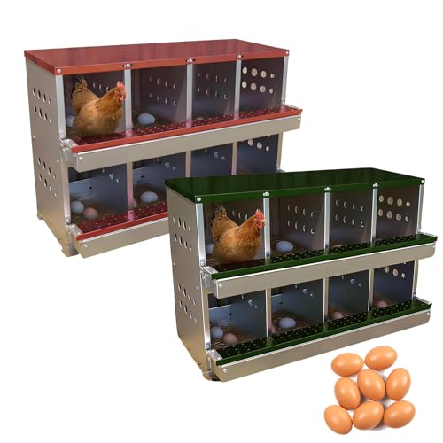 2PCS Chicken Nesting Box for Laying Eggs, 8 Compartment Nesting Boxes for Chickens, Metal Laying Boxes for Hens with Front Access Tray, 8 Training Eggs, Wall Mounted/Floor Rollaway Laying Boxes - color: Red + Green, size: 42.5"L x 20.5"W x 31.1"H