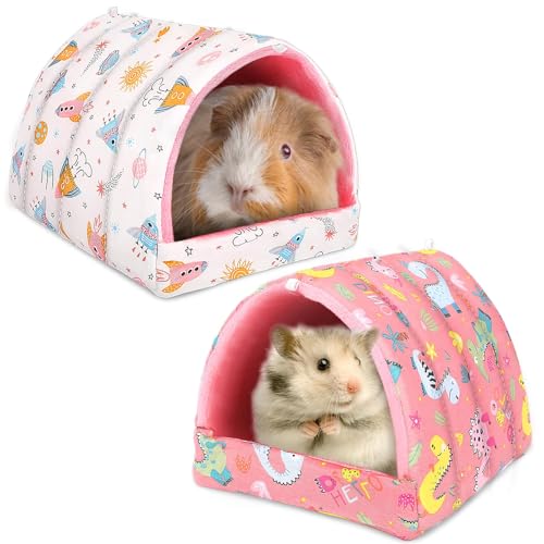 UPINS 2 Pack Guinea Pig Bed, Guinea Pig Hideout Washable Small Animal House Cage Accessories for Dwarf Rabbits Chinchillas Hamsters Hedgehogs Ferrets Bearded Dragons and Rats - color: Pink White, size: 6.8 x 7.4 inch
