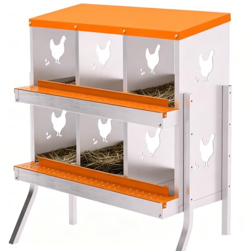Garvee Rustproof Metal Chicken Nesting Box – 6 Compartments, Inclined Waterproof Roof, Ventilated Base, Resting Platform, Roll Away Egg System, Wall/Floor Mount with Bracket, Orange - color: Orange, size: 6 holes with legs