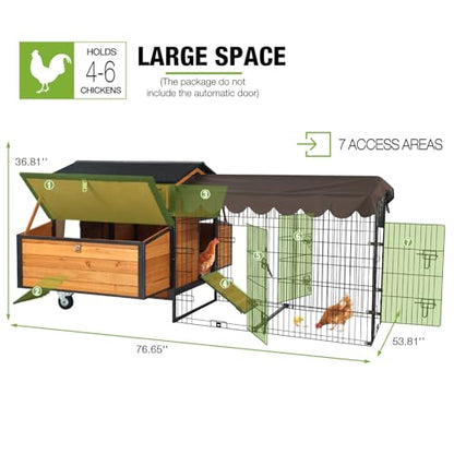 GUTINNEEN Mobile Chicken Coop with Strong Iron Frame Outdoor Hen House with Run Poultry Cage with Waterproof Roof,Nesting Box,Pull-on Tray,6-8 Chickens - size: 76.7"L x 53.8"W x 36.8"H