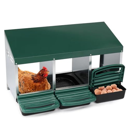 3 Compartment Roll Out Chicken Nesting Box, Steel Plastic Hen Laying Box with Perch, Green Sloped Roof 31.9x20.1x18.5in Poultry Nest for Backyard Chicken Coop Egg Collection
