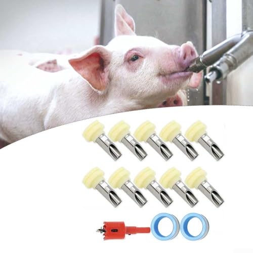 Automatic Pig Nipple Waterer Kit with Tank Connector and Hole Cutter for Livestock Farms, Stainless Steel Drinking Spout Set for Pigs, Metal Rod(10-piece set) - size: 10-piece set